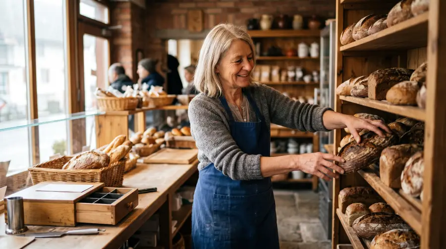 Eine Frau Anfang sechzig in Schürze ordnet in einer kleinen Bäckerei Brotlaibe auf einem Holzregal.